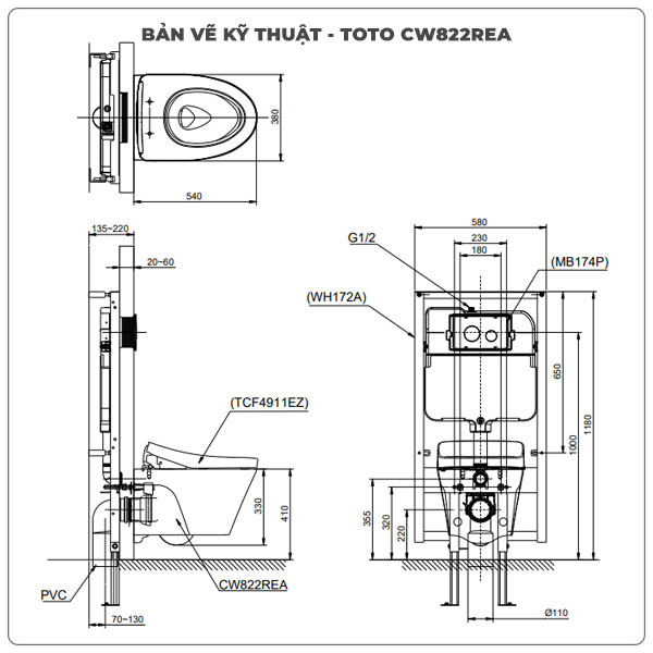 Bồn cầu treo tường TOTO CW822REA/TCF4911EZ/WH172AT/MB175M nắp điện tử