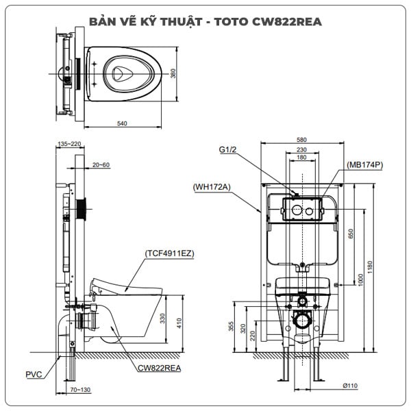 Bồn cầu treo tường TOTO CW822REA/TCF24460AAA/WH172AT/MB175M nắp điện tử