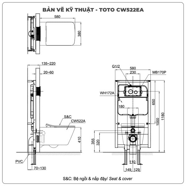 Bồn cầu treo tường TOTO CW522EA/TCF796CZ/WH172AT/MB171M nắp điện tử