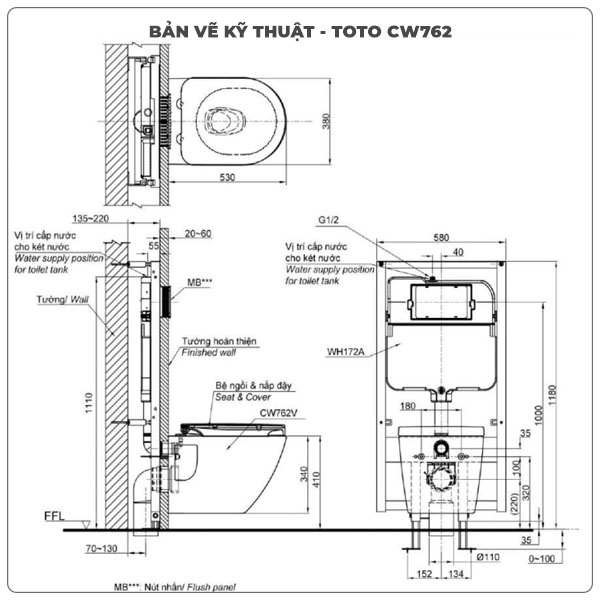 Thân bồn cầu treo tường TOTO CW762/TC384CVK