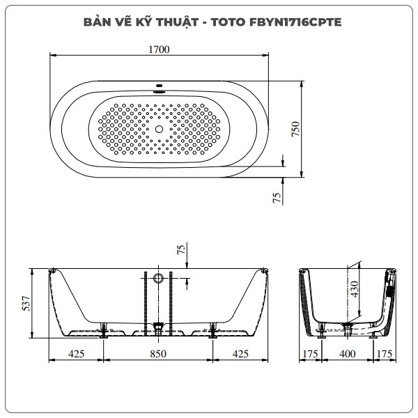 Bồn tắm đặt sàn TOTO FBYN1716CPTE gang tráng men