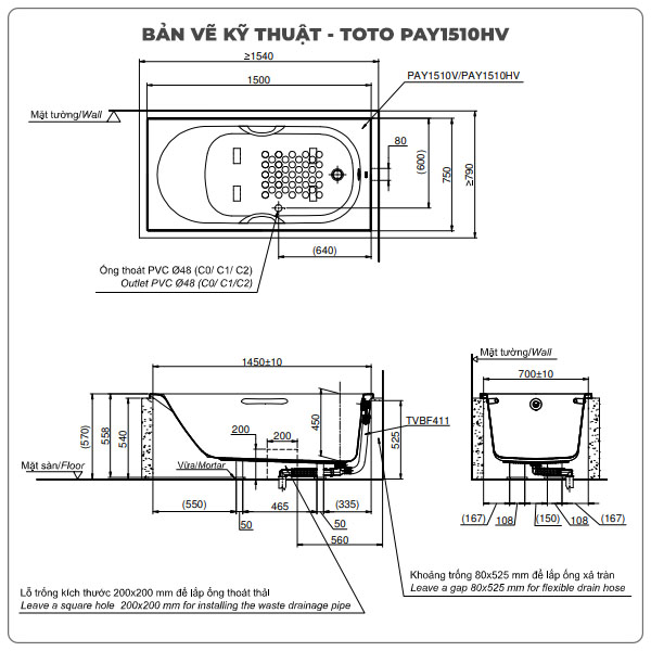 Bồn tắm xây TOTO PAY1510HV