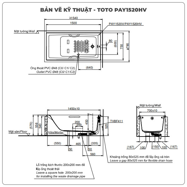 Bồn tắm xây TOTO PAY1520HV