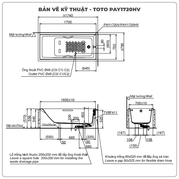 Bồn tắm xây TOTO PAY1720HV