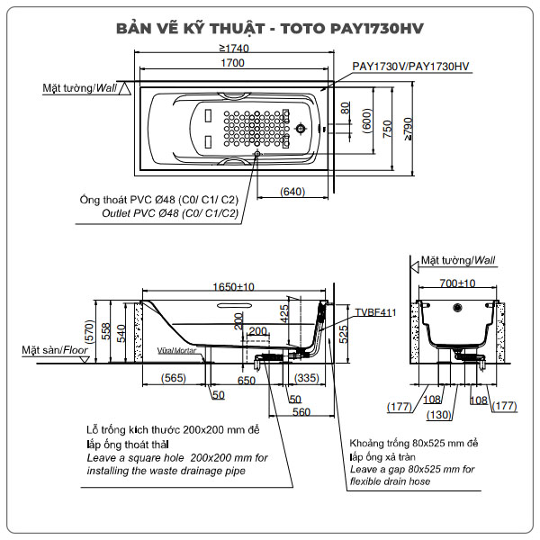 Bồn tắm xây TOTO PAY1730HV