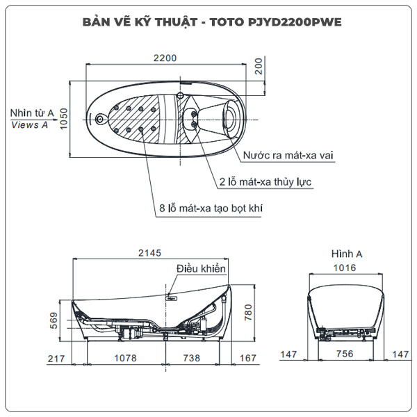Bồn tắm đặt sàn massage TOTO PJYD2200PWE