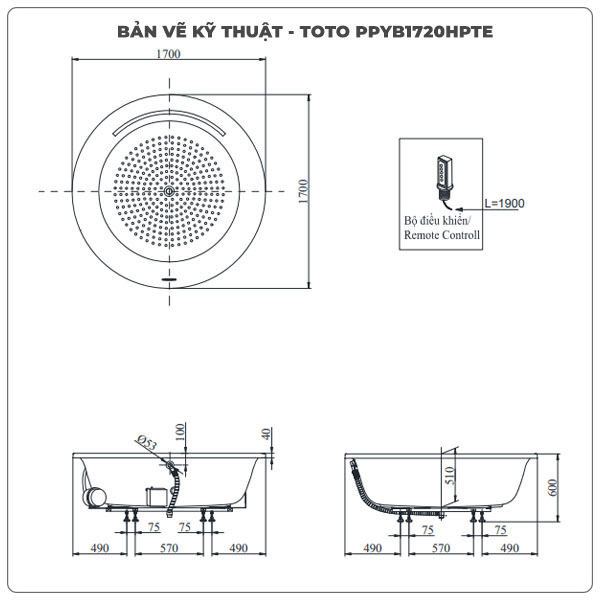 Bồn tắm masage TOTO PPYB1720HPTE