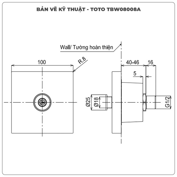 Đầu phun sen âm tường TOTO TBW08008A