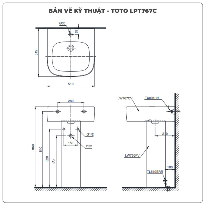 Chậu rửa mặt lavabo treo tường TOTO LPT767C