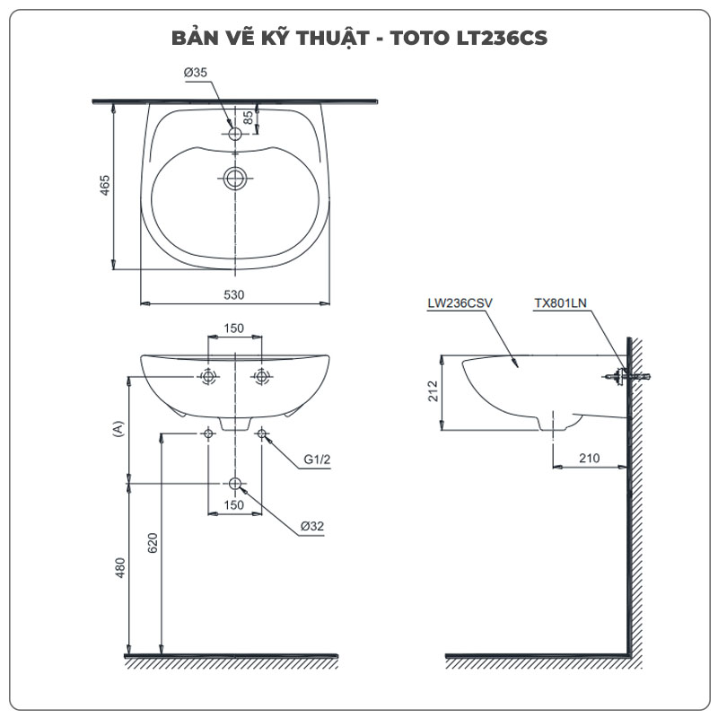 Chậu rửa mặt lavabo treo tường TOTO LT236CS