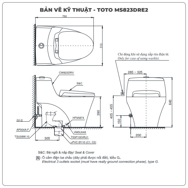 Bồn cầu nắp rửa cơ TOTO MS823DRE2