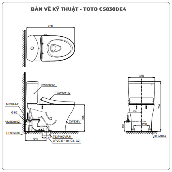 Bồn cầu nắp rửa cơ TOTO CS838DE4 (vòi rửa TCW1211A)