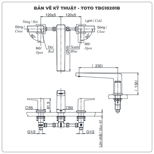 Vòi xả bồn tắm TOTO TBG10201B 3 lỗ
