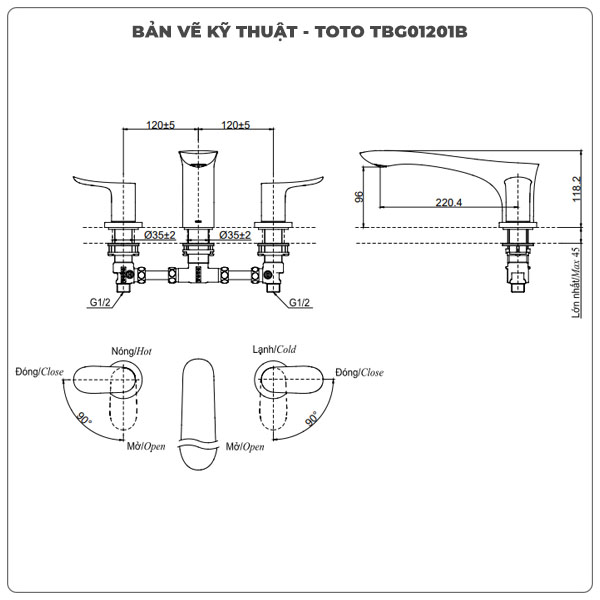 Vòi xả bồn tắm TOTO TBG01201BA 3 lỗ (TBG01201B)
