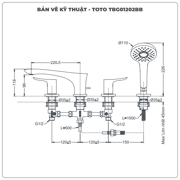 Vòi sen xả bồn tắm TOTO TBG01202BB 4 lỗ (TBG01202B)