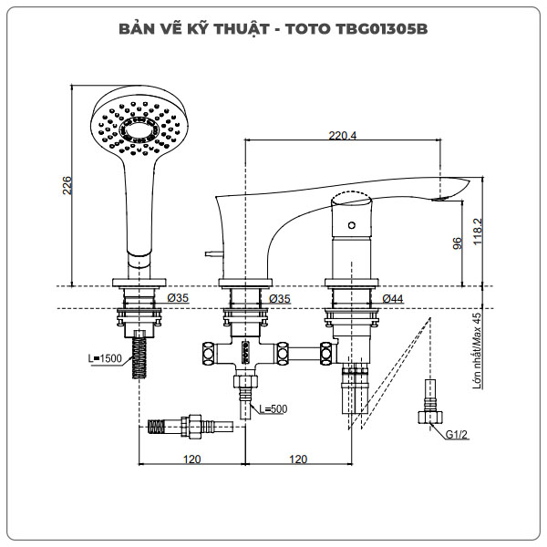 Vòi sen xả bồn tắm TOTO TBG01305B 3 lỗ