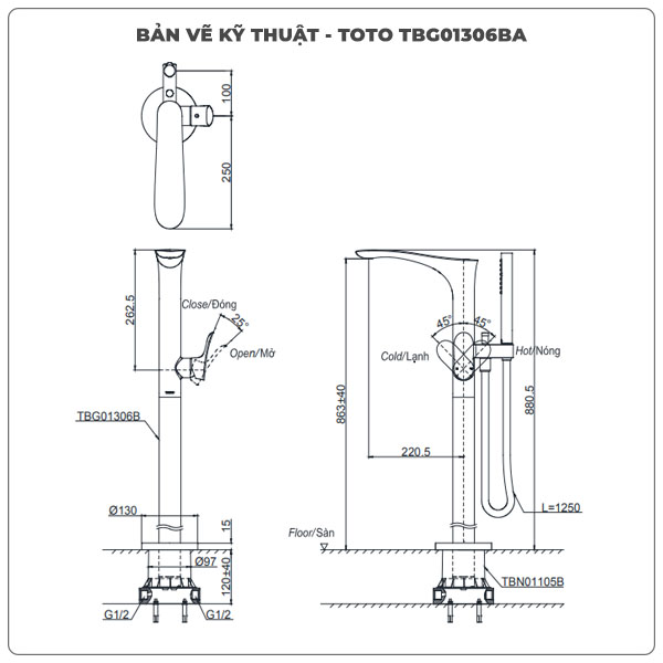 Vòi sen xả bồn tắm TOTO TBG01306BA/TBN01105B (TBG01306B)