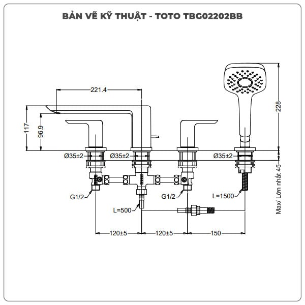 Vòi sen xả bồn tắm TOTO TBG02202BB 4 lỗ (TBG02202B)