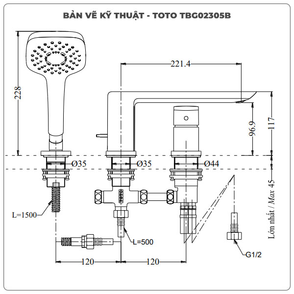 Vòi sen xả bồn tắm TOTO TBG02305B 3 lỗ