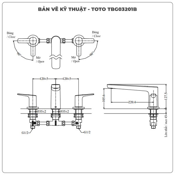 Vòi xả bồn tắm TOTO TBG03201BA (TBG03201B) 3 lỗ