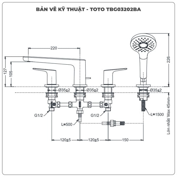 Vòi sen xả bồn tắm TOTO TBG03202BA 4 lỗ (TBG03202B)