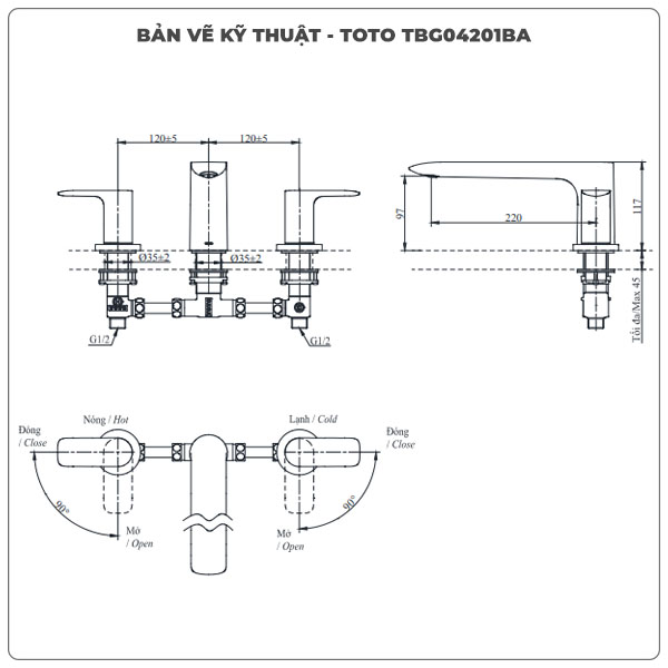 Vòi xả bồn tắm TOTO TBG04201BA (TBG04201B) 3 lỗ