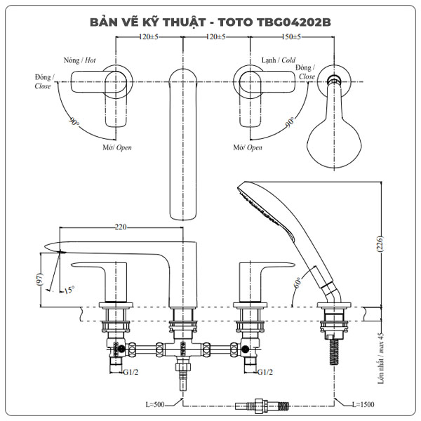 Vòi sen xả bồn tắm TOTO TBG04202BB (TBG04202B) 4 Lỗ