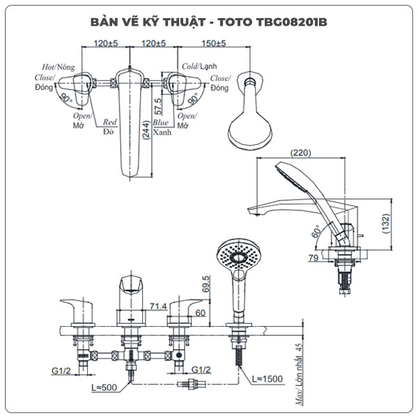 Vòi xả bồn tắm TOTO TBG08201B 3 lỗ