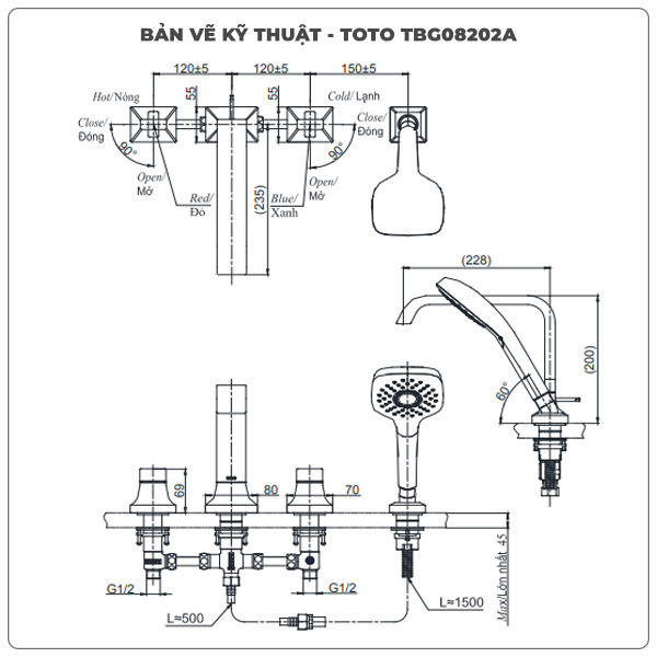 Vòi sen xả bồn tắm TOTO TBG08202A 4 Lỗ