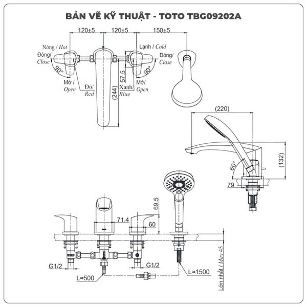 Vòi sen xả bồn tắm TOTO TBG09202A 4 lỗ