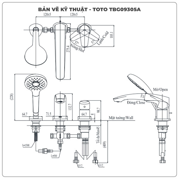 Vòi sen xả bồn tắm TOTO TBG09305AA 3 lỗ (TBG09305A)