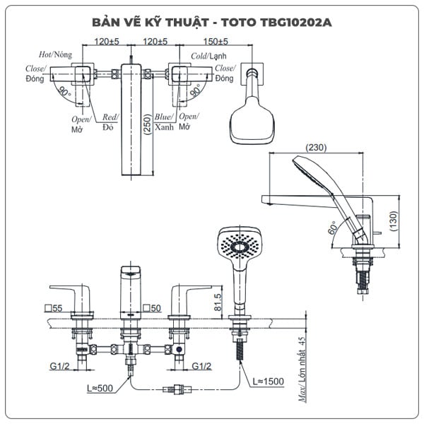 Vòi sen xả bồn tắm TOTO TBG10202A 4 lỗ