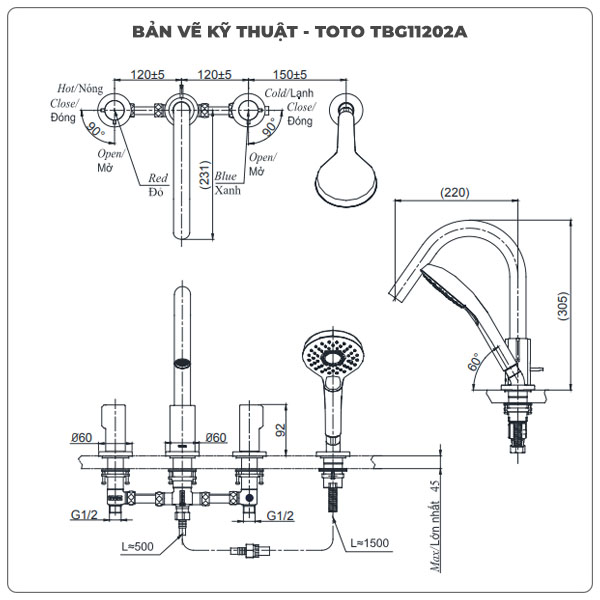 Vòi sen xả bồn tắm TOTO TBG11202A 4 lỗ
