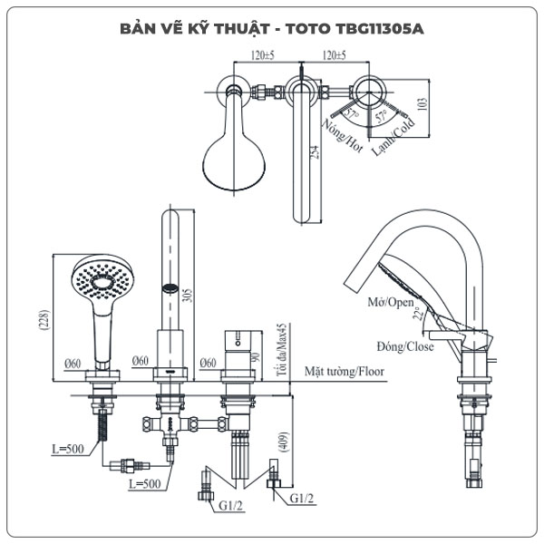 Vòi sen xả bồn tắm TOTO TBG11305AA 3 lỗ (Mã cũ TBG11305A)