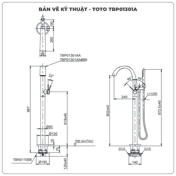 Vòi sen xả bồn tắm TOTO TBP01301A/TBN01105B