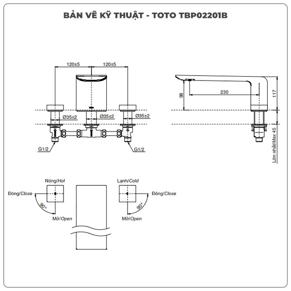 Vòi xả bồn tắm TOTO TBP02201BA 3 lỗ (TBP02201B)