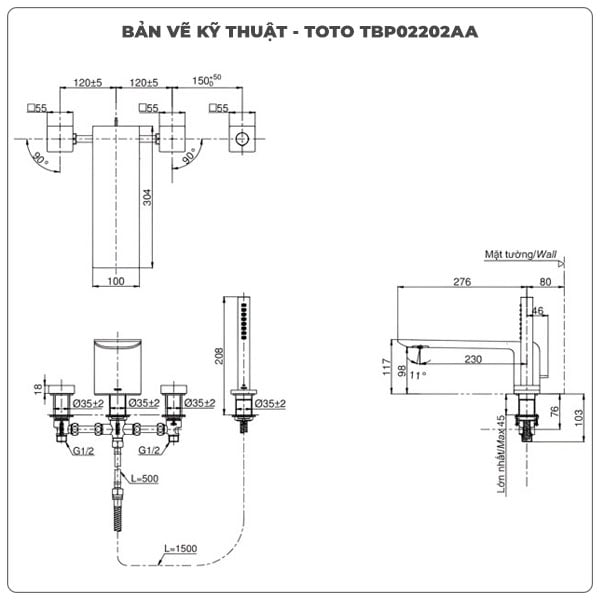 Vòi sen xả bồn tắm TOTO TBP02202A 4 lỗ