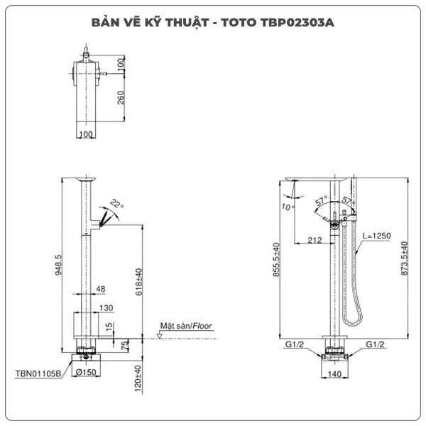 Vòi sen xả bồn tắm TOTO TBP02303A/TBN01105B