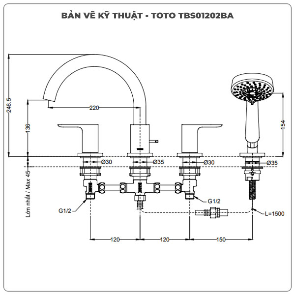 Vòi sen xả bồn tắm TOTO TBS01202BA 4 Lỗ (TBS01202B)