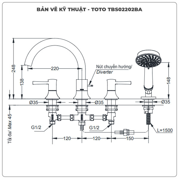 Vòi sen xả bồn tắm TOTO TBS02202BA (TBS02202B) 4 Lỗ