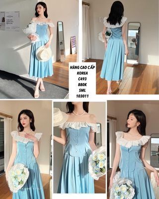  Set áo váy bẹt vai phối bèo c493 