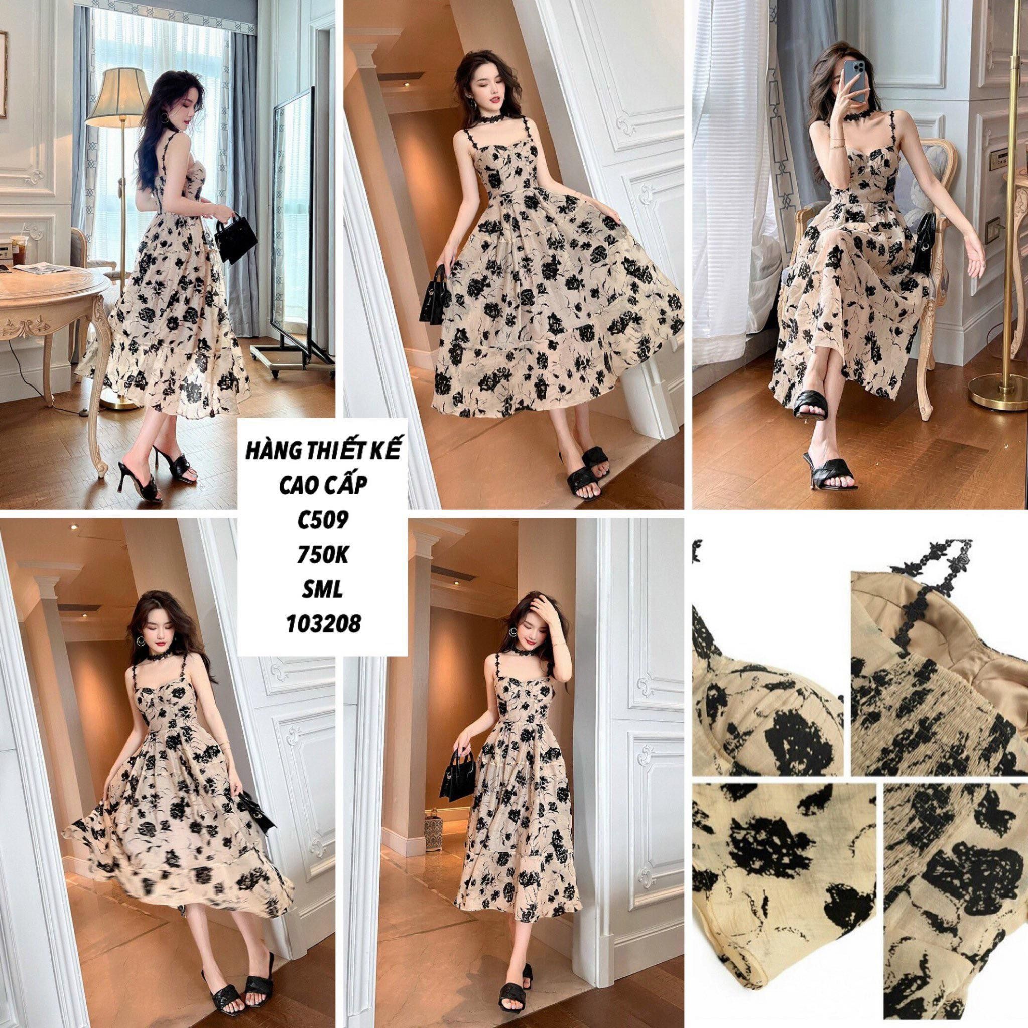  D-đầm 2 dây họa tiết hoa đen c509 