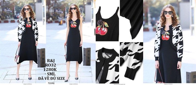  ĐẦM LEN DỆT KIN HỌA TIẾT TRÁI TÁO KÈM ÁO KHOÁC HÃNG R&J RO32 