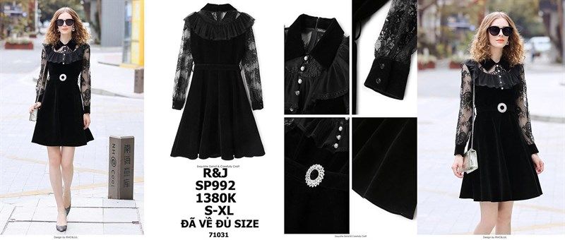  ĐẦM NHUNG PHỐI REN CAO CẤP HÃNG R&J SP992 