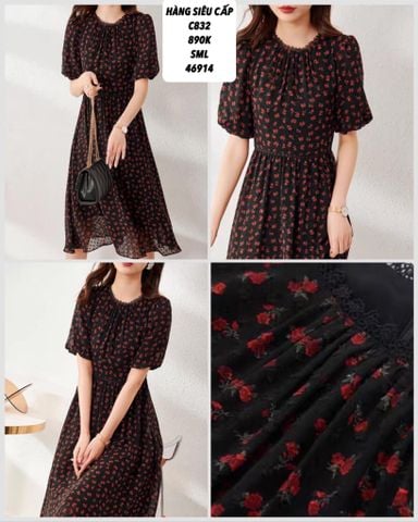  A-đầm hoa eo viền ren c832 