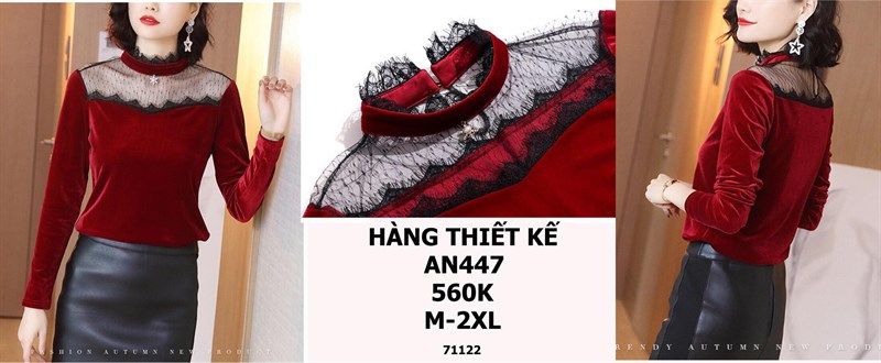  ÁO NHUNG ĐỎ PHỐI LƯỚI ĐÍNH HOA TUYẾT AN447 
