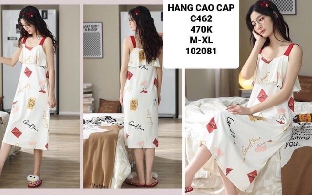  Đầm ngủ 2 dây họa tiết chữ hình c462 