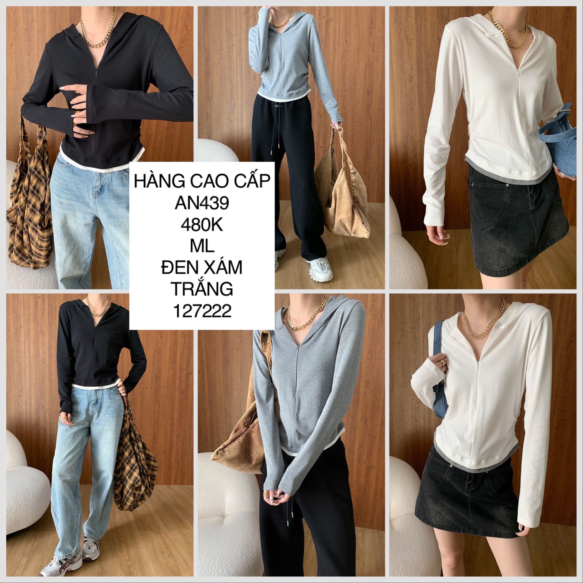  Áo tay dài phối dây kéo AN439 