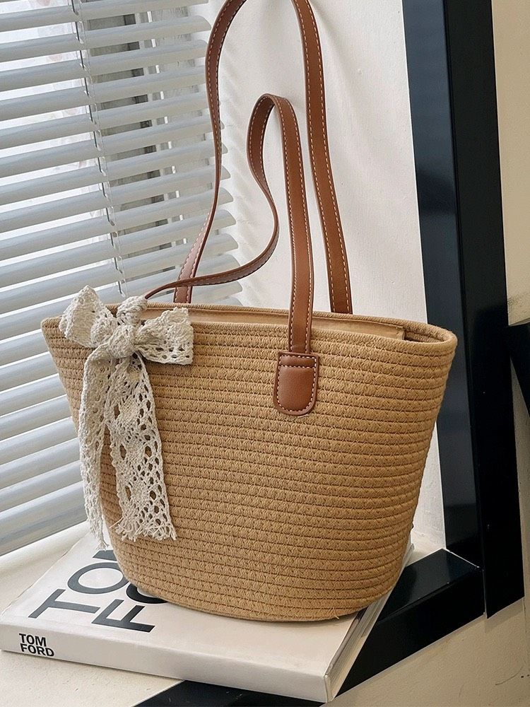  Túi cói đi biển vintage thời trang nữ phong cách cầm tay Hàn Quốc đẹp cổ điển màu nâu  - TC102 