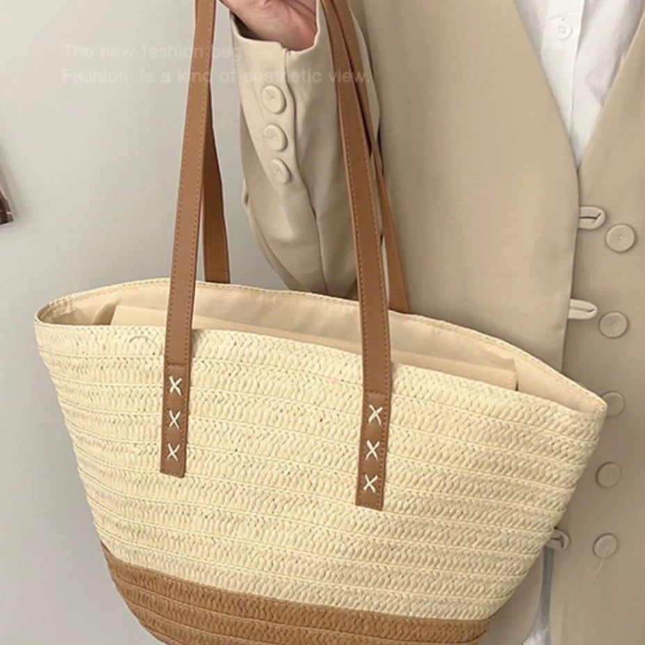  Túi cói đi biển vintage thời trang nữ phong cách cầm tay Hàn Quốc đẹp cổ điển màu nâu be sáng - TC105 